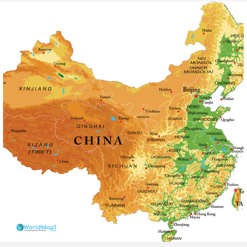 Carte physique de Taiwan et de la Chine